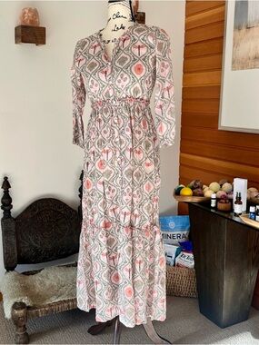 Cotton Tiered Maxi Dress with Pink & Green Print